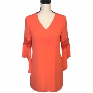 Almost Famous Coral V-Neck Dress Lace Bell Sleeve Boho Mini XS Like New